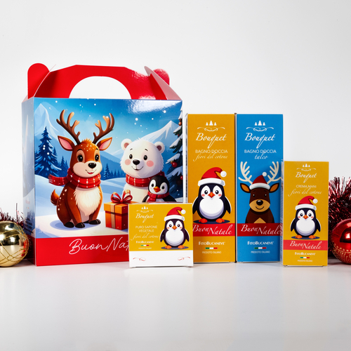 Natale · Cofanetto Elfo Giallo · Kit Saponette · Bagno Doccia e Crema Mani