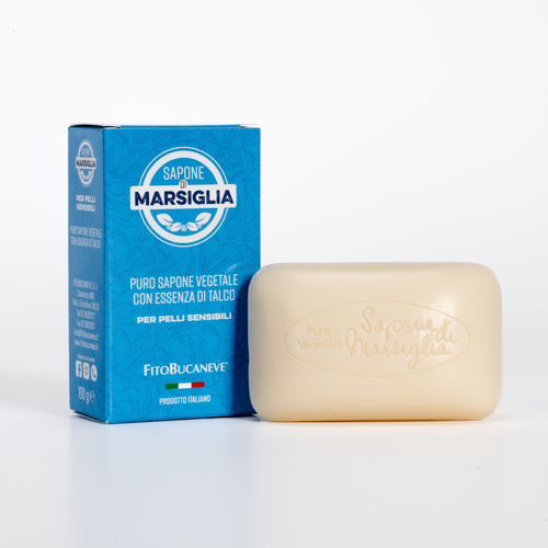 Sapone di Marsiglia · Puro sapone Vegetale · Per Pelli delicate e Sensibili · Con essenza di Talco