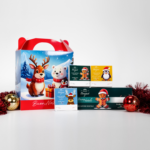 Natale · Cofanetto Elfo Zenzero · Tris Bouquet Fiorito · Saponetta Fiori del Cotone, Talco e Rosa