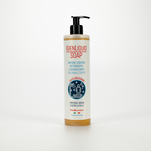 Sapone Liquido Detergente e Igienizzante · Per Mani e Corpo · Igien Liquid Soap · Con Clorexidina